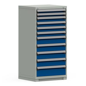 Rousseau R Cabinet with blue drawers and light grey housing.