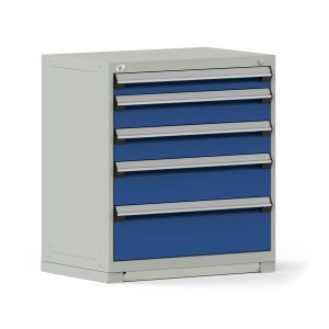 Rousseau R Cabinet with blue drawers and light grey housing.