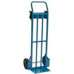 Blue convertible hand truck standing vertically.