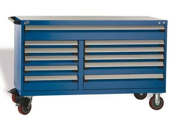 Blue heavy duty multi drawer cabinet on a white background.