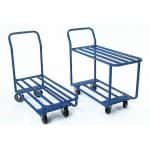 Two blue tubular frame carts, one with one platform and another one with two shelves.