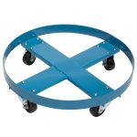 Blue drum dolly with four wheels.