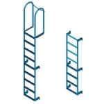 Two styles of blue mezzanine ladders on a white background.