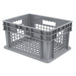 Grey mesh multi-purpose straight wall container with mesh bottom on a white background.