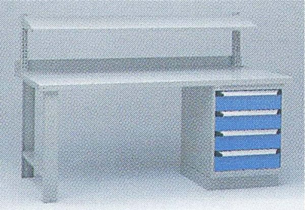 Workbench with blue cabinet and upper shelf.