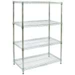 Chrome wire shelving on a white background.