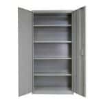 Grey supply cabinet with both doors open and shelves that are empty inside on a white background.