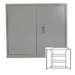 Grey supply cabinet that is counter height with its doors closed and a drawing in the bottom right corner of it with the doors open on a white background.