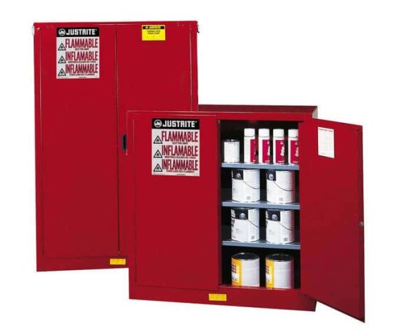 Two different sizes of red paint storage cabinets with the smaller model's doors opened and storing paint cans on a white background.