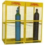 Yellow gas cylinder cabinet with mesh siding and solid bottom storing two gas cylinders on a white background.