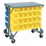 Storage bin rack with yellow storage bins in it on a white background.