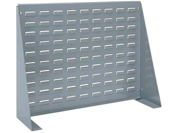 Grey louvered panel with no plastic bins attached on a white background.