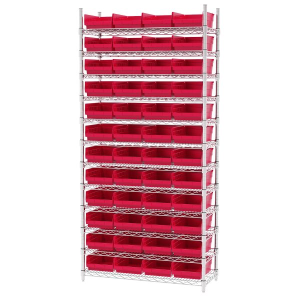 Empty red plastic shelf bins being stored in shelving on a white background.