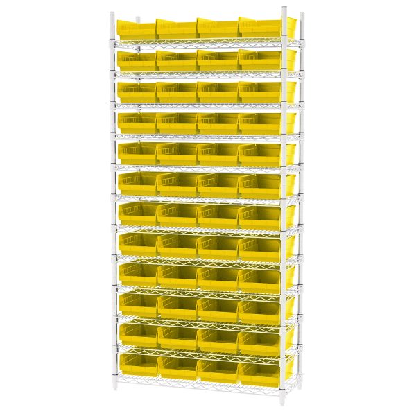 Empty yellow plastic shelf bins being stored in shelving on a white background.