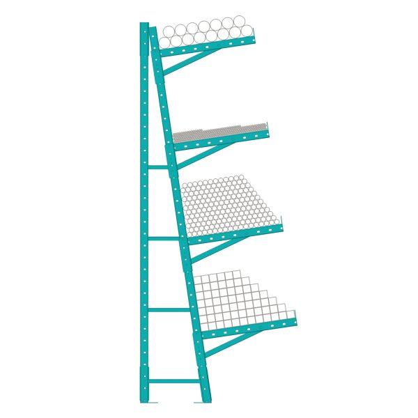 Bar stock rack with bars stored on it on a white background.