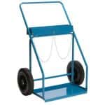 Blue large cylinder hand truck with two rubber wheels.