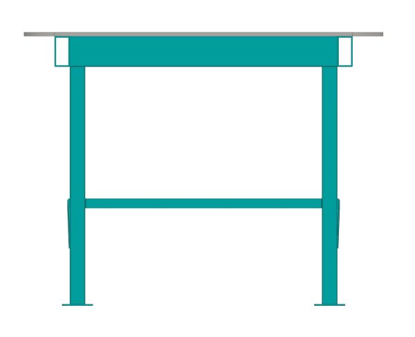 Computerized image of the blue heavy duty welding table with a steel top on a white background.