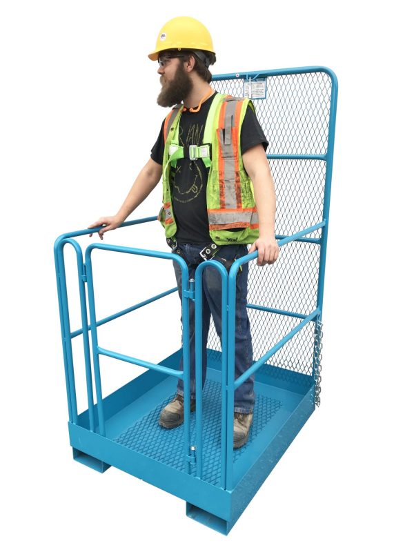 Person standing on a blue forklift workstage on a white background.