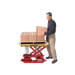 Man loading boxes onto a PalletPal spring level loader on a white background.