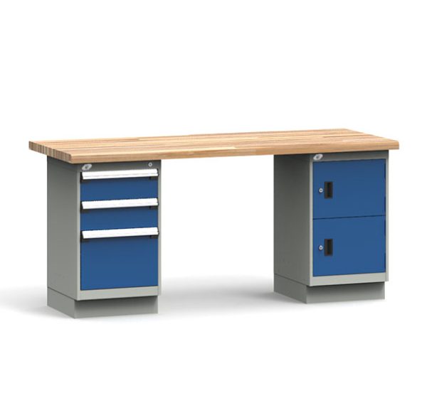 Workbench with two blue cabinets and a laminated hardwood top on a white background.