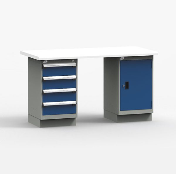 Workbench with two blue cabinets and a plastic laminate top on a white background.