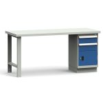 Workbench with blue cabinet and steel top on a white background.