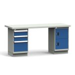 Workbench with two blue cabinets and a steel top on a white background.