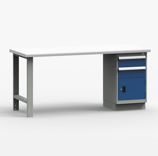 Workbench with blue cabinet and plastic laminate top on a white background.