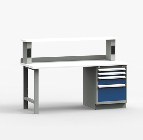 Workbench with cabinet, upper shelf and electrical panel and a plastic laminate top on a white background.