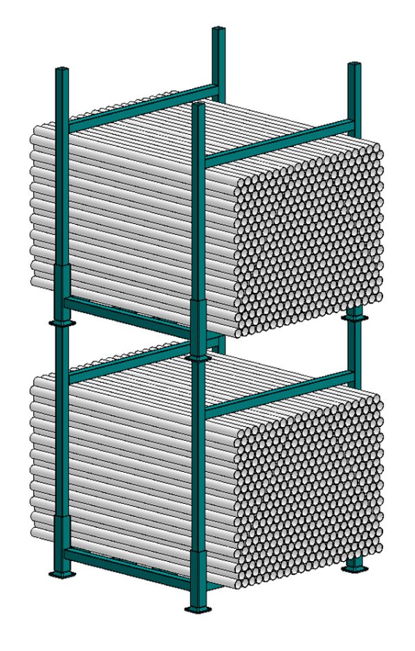 Blue bulk stacking storage racks storing bars on a white background.