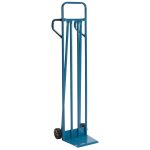 Blue beer pallet hand truck.