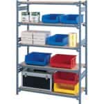 EZ Rect type 1 shelving storing multiple different containers and items on a white background.