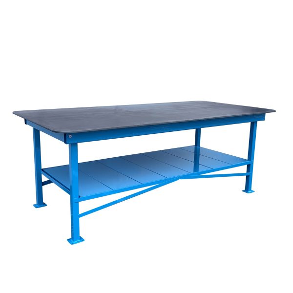 Blue heavy duty welding table with steel top on a white background.