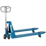 Blue premium pallet jack on a white background.