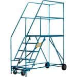 A blue rolling work platform with four wheels and five steps.