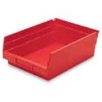 Red plastic shelf bin on a white background.