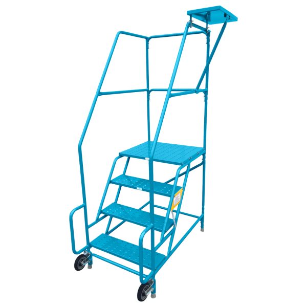 blue mechanics ladder with 4 steps and a shelf