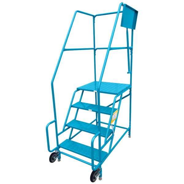 Rolling ladder with ladder shelf tray folded in