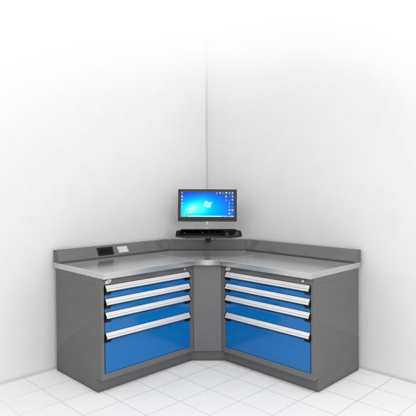 Blue corner workstation with computer on a white background.