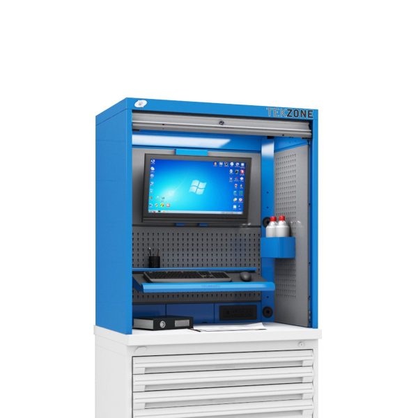 A configuration of the TekZone workstation hutch with a computer on a white background.