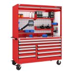 A red TekZone workstation hutch with wheels and materials stored on it.