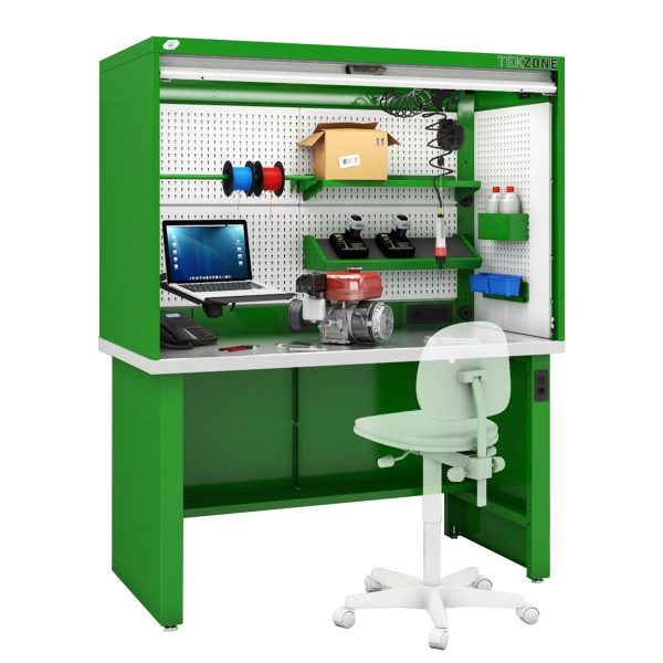 A configuration of a green TekZone workstation hutch on a white background.