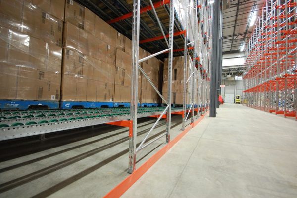 Gravity flow roller racks in a warehouse setting.