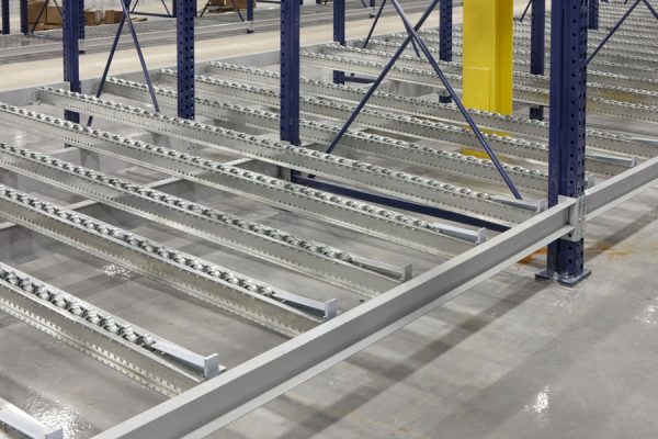 Gravity flow roller racks in a warehouse setting.