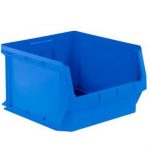 Empty blue heavy-duty storage bin on a white background.