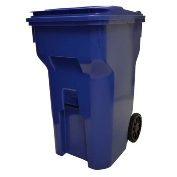 Blue recycle bin with wheels on a white background.