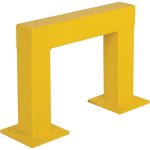 yellow steel safety guard rail in an upside down "u" shape on a white background