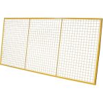 Yellow pallet rack back netting leaning on a white background.