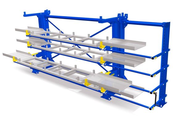 Front view of a blue roll out cantilever rack with a drawer pulled out with materials stored.