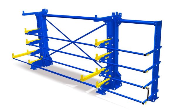 Front view of a blue roll out cantilever rack with a drawer pulled out.